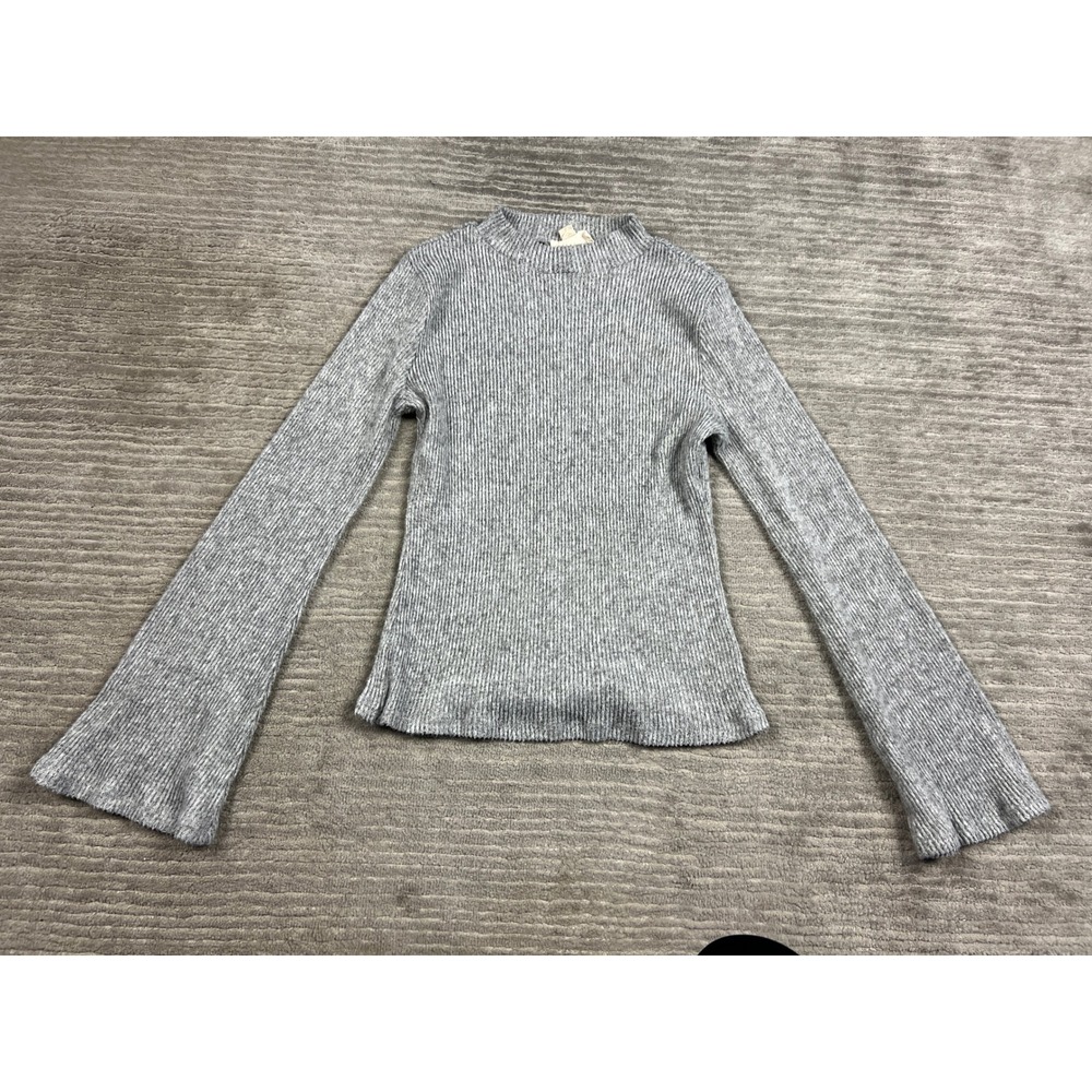 No Frills Top Womens M Grey Mock Neck Bell Sleeve Ribbed Knit RA7929-4361 Marled